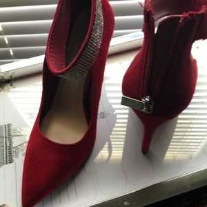 Red rhinestone embellished ankle strap heels